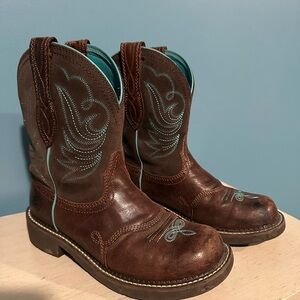 ARIAT Women's FAT BOY Brown Teal Western Round Toe Leather Boots SZ 9B